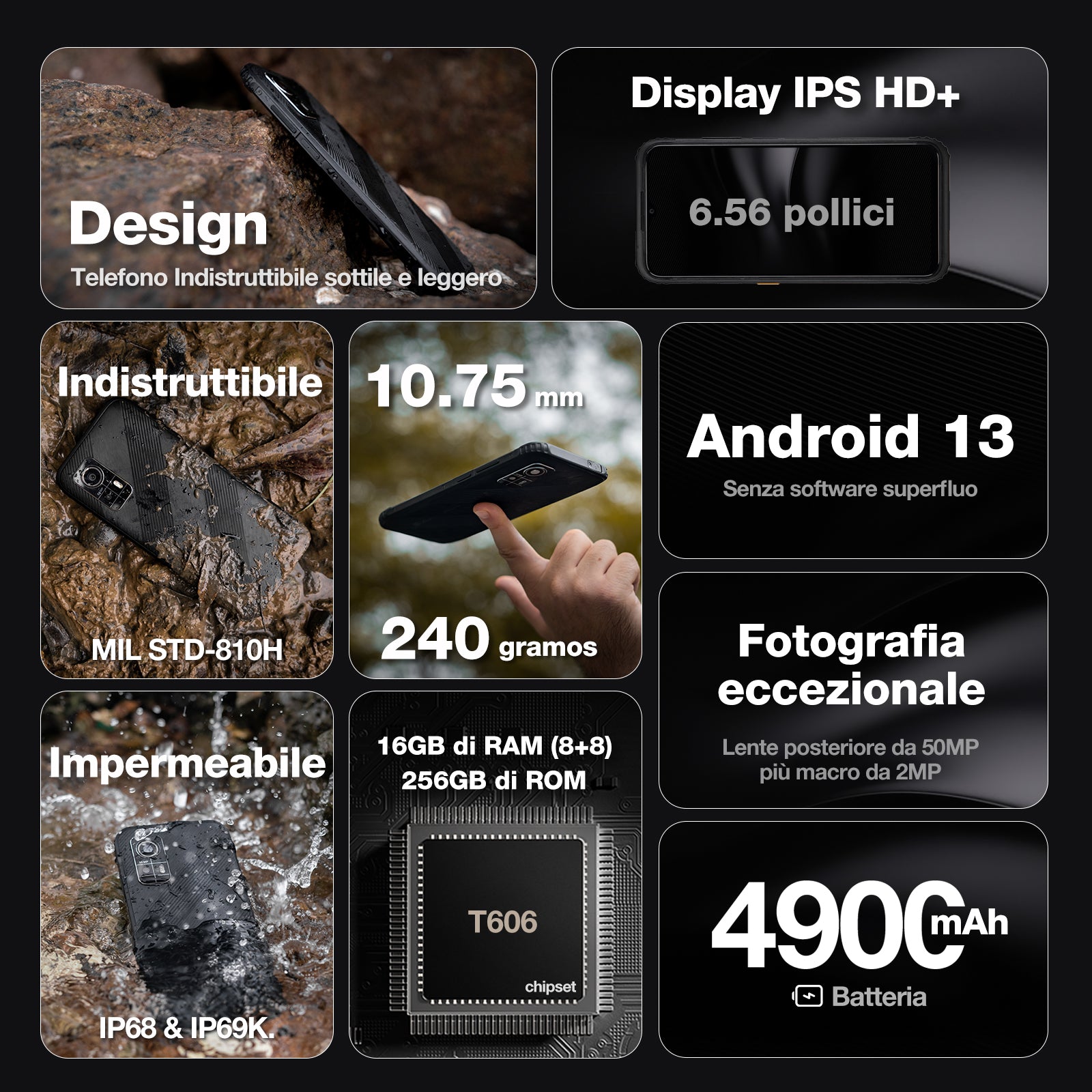 AGM H6 | Ultrasottile | Indistruttibile | Display da 6,56 pollici a 90Hz | 8GB di RAM + 8GB di RAM Virtuale Espansa + 256GB di ROM | Android 13