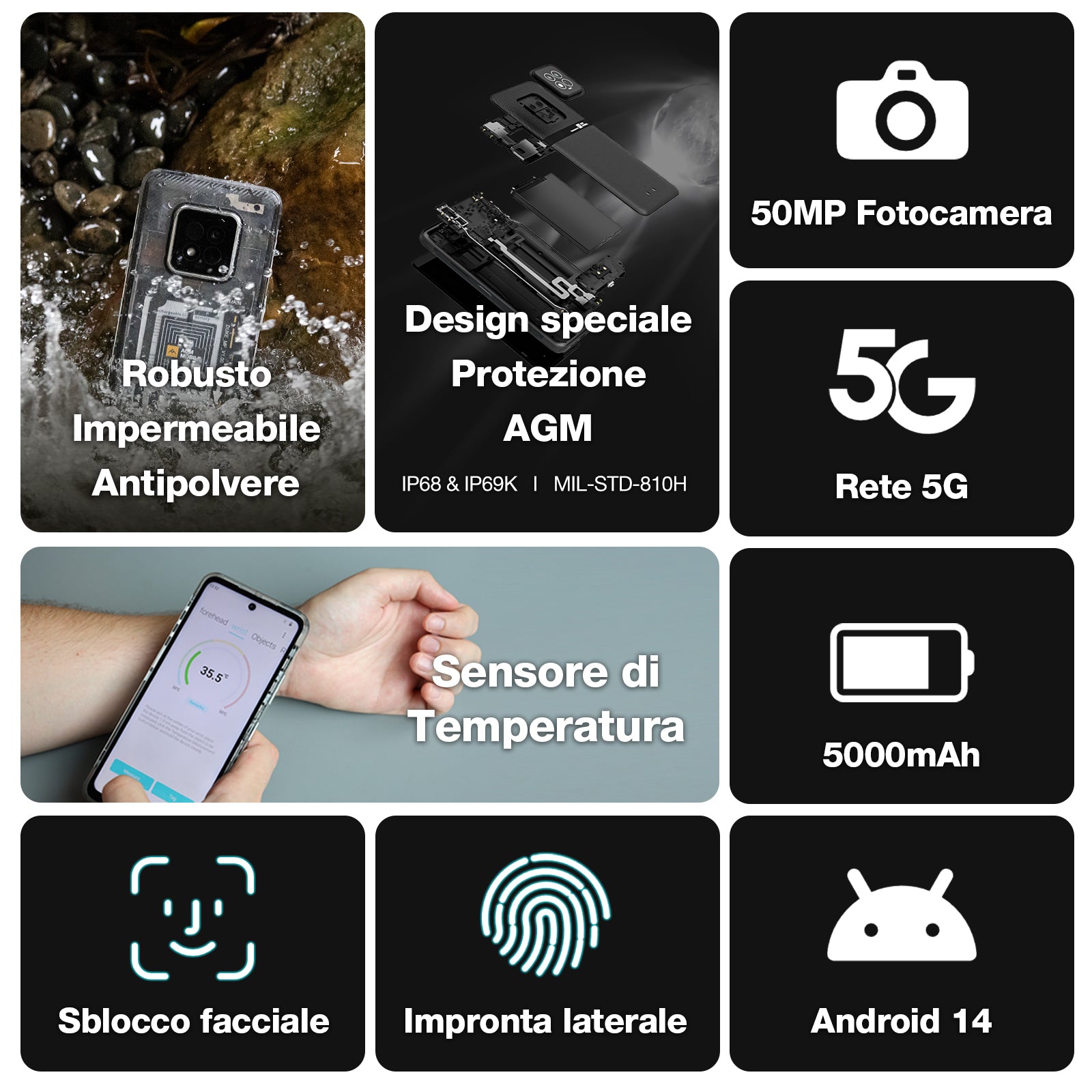 AGM X6 Phantom | Aspetto trasparente | Elegante | Smartphone robusto Octa-Core 5G | Rilevamento della temperatura multi-scena | Pulsante laterale personalizzabile | Fotocamera principale da 50 MP | Android 14