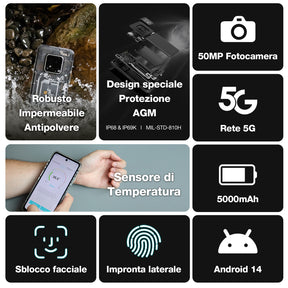 AGM X6 Phantom | Aspetto trasparente | Elegante | Smartphone robusto Octa-Core 5G | Rilevamento della temperatura multi-scena | Pulsante laterale personalizzabile | Fotocamera principale da 50 MP | Android 14