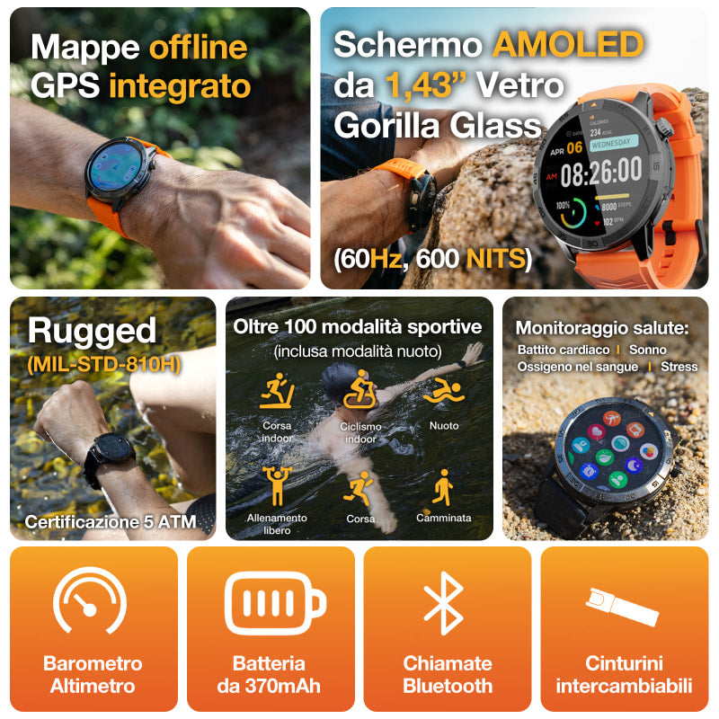 AGM Legion Pro | GPS | Mappe offline | 5ATM | Resistenza all'acqua IP68 | 100+ modalità sportive | Smartwatch