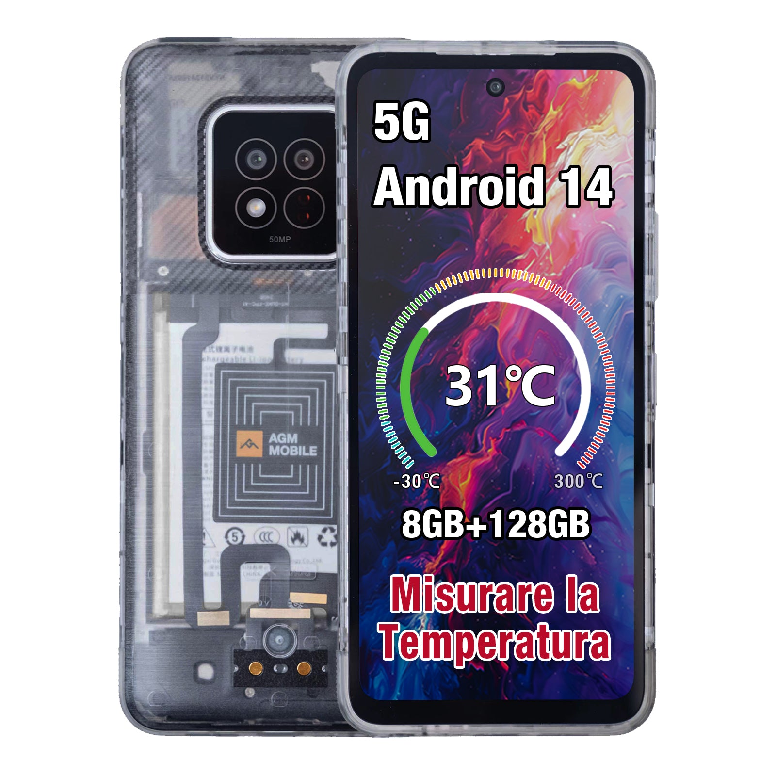 AGM X6 Phantom | Aspetto trasparente | Elegante | Smartphone robusto Octa-Core 5G | Rilevamento della temperatura multi-scena | Pulsante laterale personalizzabile | Fotocamera principale da 50 MP | Android 14