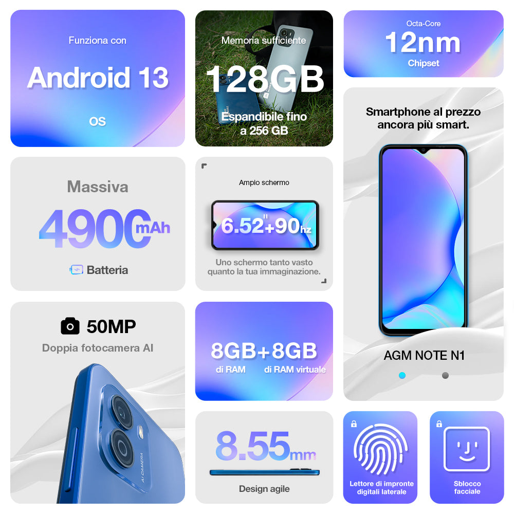 AGM NOTE N1 | Fotocamera AI Dual da 50MP | Display da 90Hz | Android 13 | Batteria potente | 8GB RAM + 128GB ROM