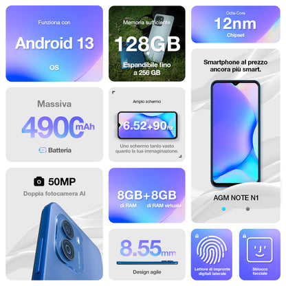 AGM NOTE N1 | Fotocamera AI Dual da 50MP | Display da 90Hz | Android 13 | Batteria potente | 8GB RAM + 128GB ROM
