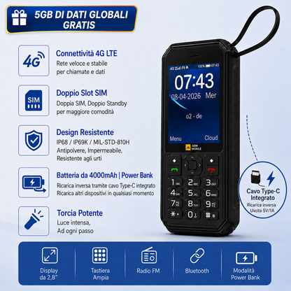 AGM M11 | Telefono MiFi 4G｜Hotspot Wi-Fi portatile｜Batteria da 4000 mAh｜Impermeabile IP68/IP69K｜Ricarica inversa via cavo｜Radio FM｜Jack da 3,5 mm